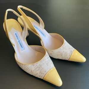Manolo Blahnik Kitten Heel Slingback Patent Yellow Cork
